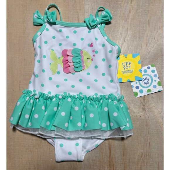 Little Me Baby Girls Polka Dot One Piece Swimsuit Size 12 Months Fish Applique - Picture 1 of 5